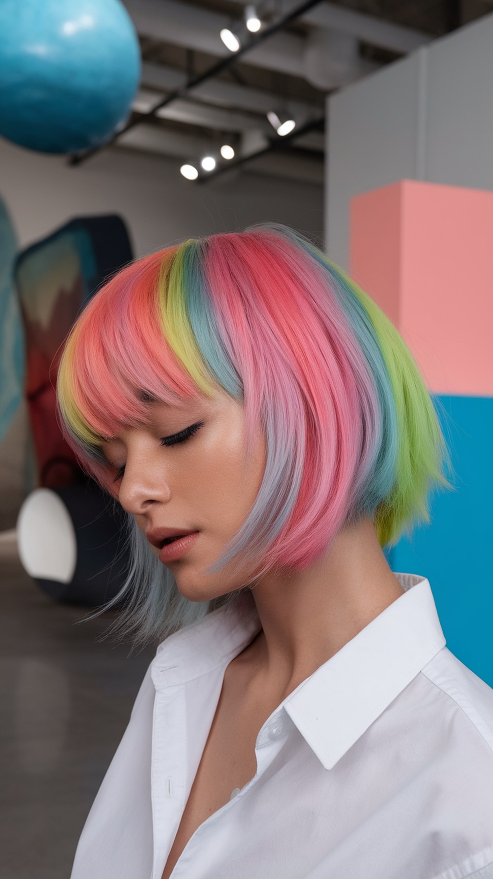 A model with a vibrant shaggy bob hairstyle featuring pink, blue, and green colors, wearing a white shirt.