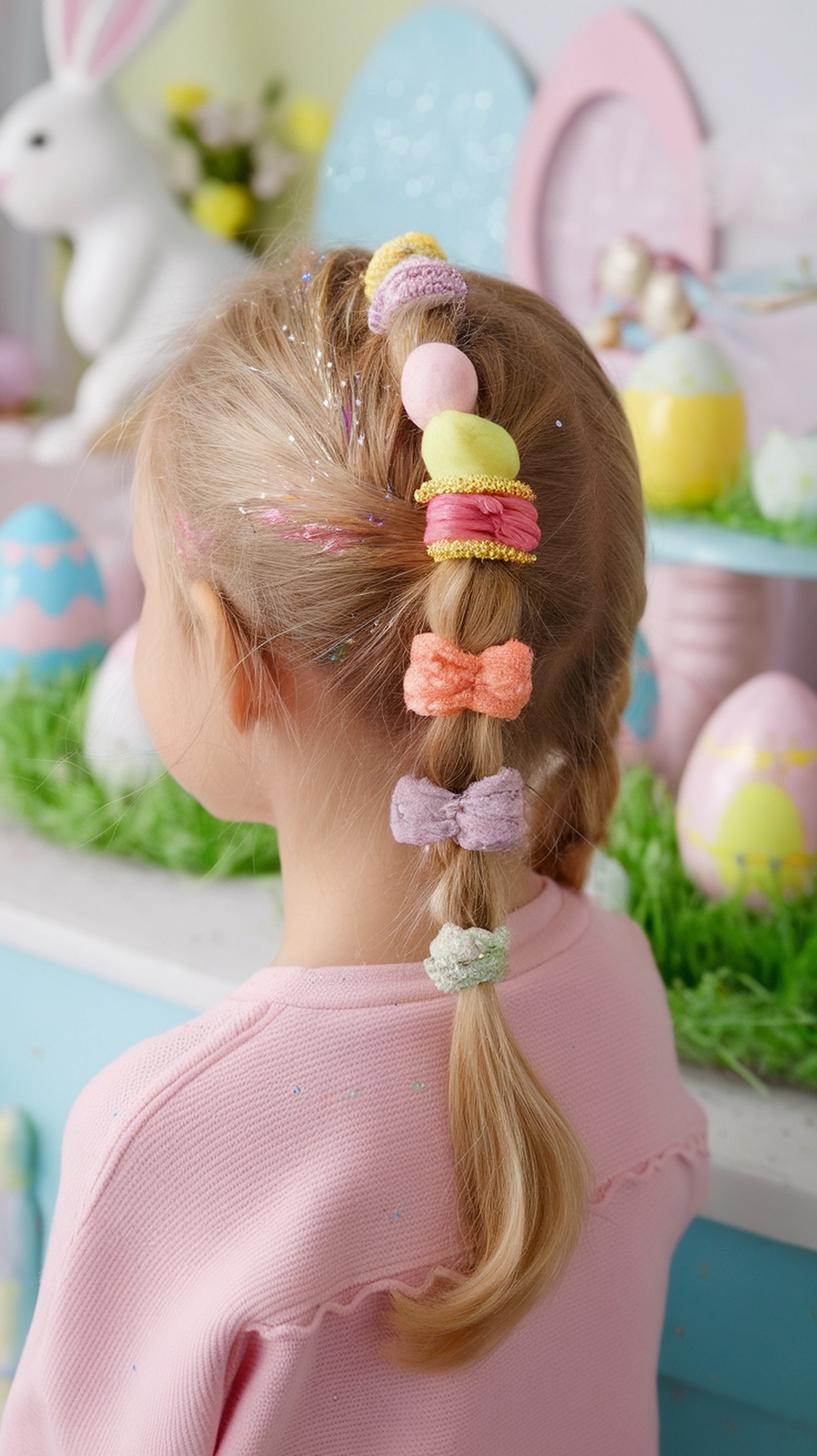 A child with a vibrant side ponytail decorated with colorful hair ties and glitter, set against a festive Easter backdrop.
