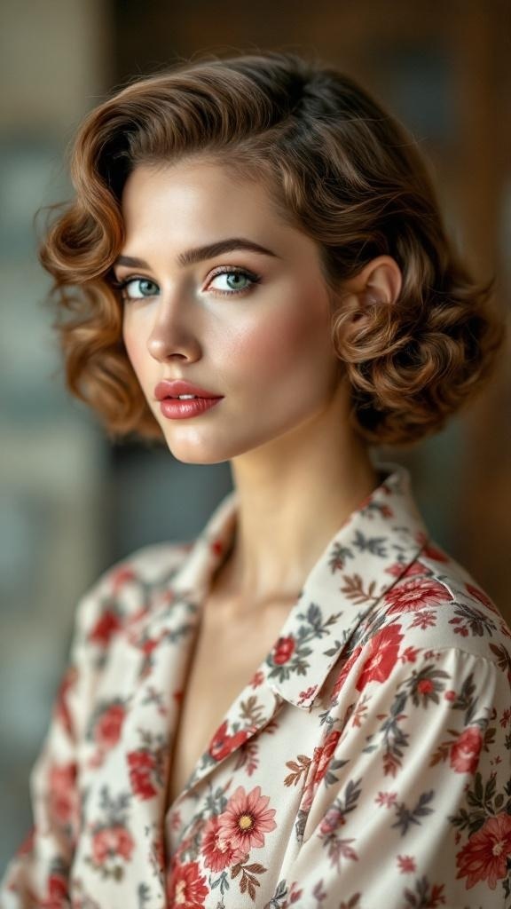 Model with vintage-inspired ear-length haircut and floral outfit