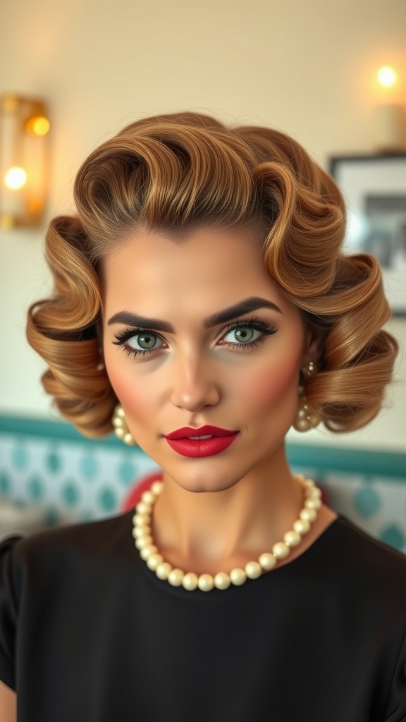 A woman with vintage-inspired finger waves hairstyle, wearing pearls and red lipstick.