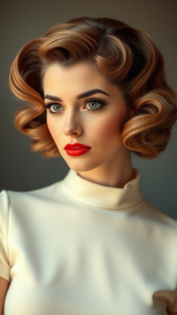 A woman with vintage-inspired finger waves hairstyle, wearing a white top and bold red lipstick.