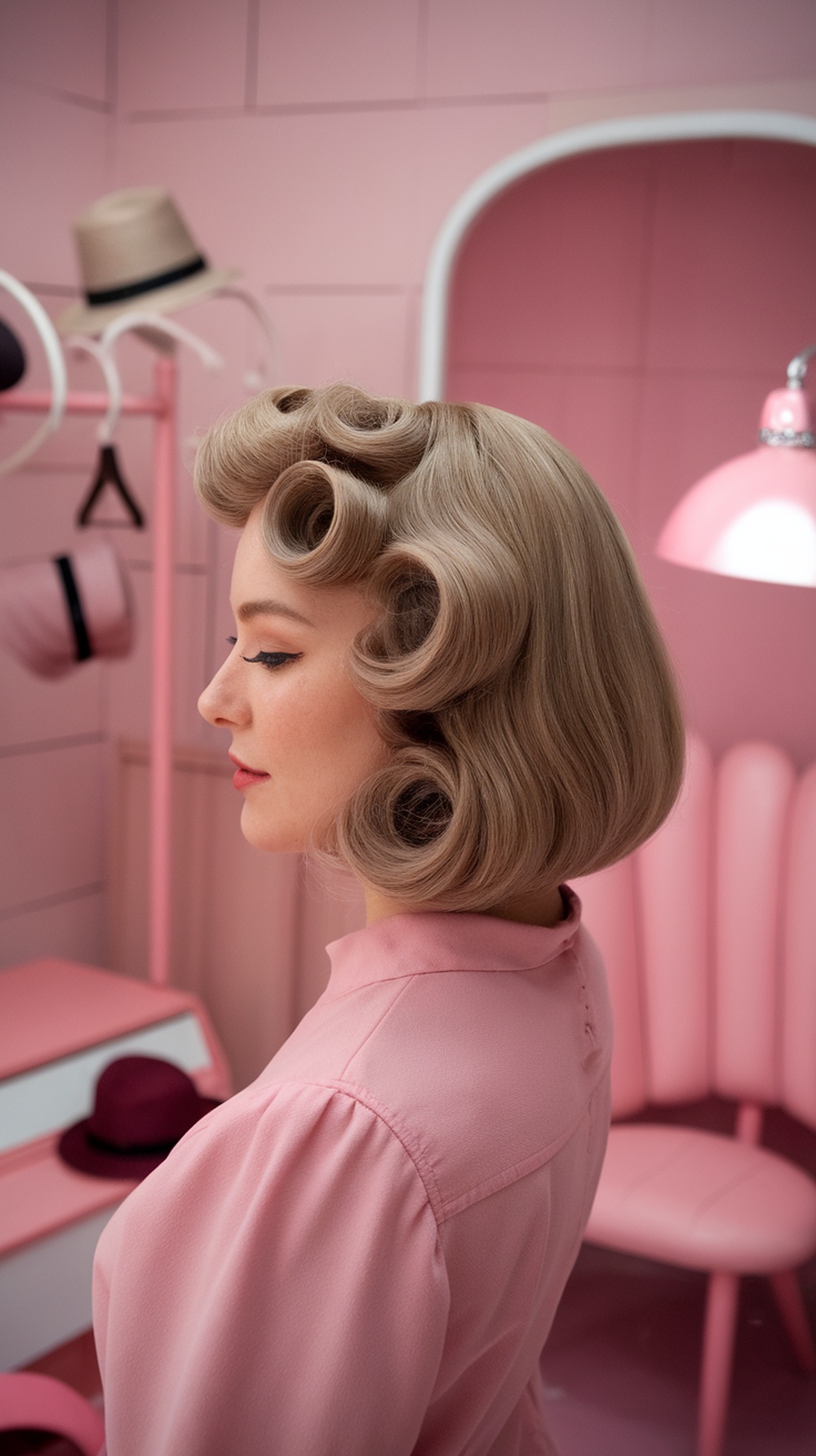 A woman with vintage-inspired pin curls, showcasing a stylish shoulder-length haircut.