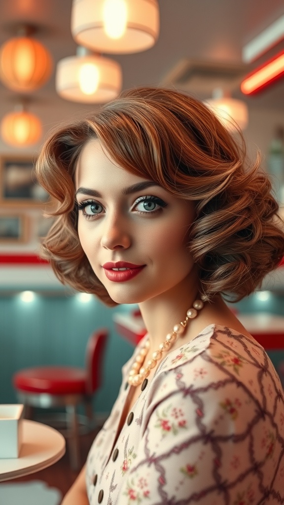 A woman with a vintage bob hairstyle featuring soft curls, wearing a floral dress and pearls, sitting in a retro diner.