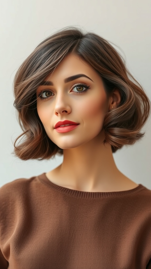 A woman with a vintage bob hairstyle featuring soft waves and a side part, exuding elegance.