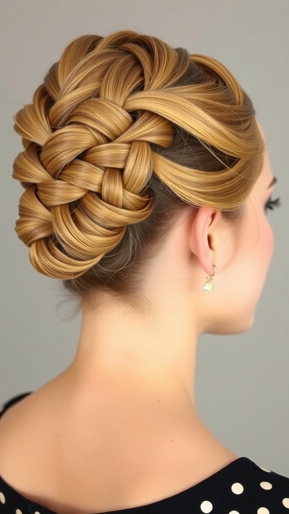 A vintage braided updo hairstyle with smooth golden hair, perfect for retro events.
