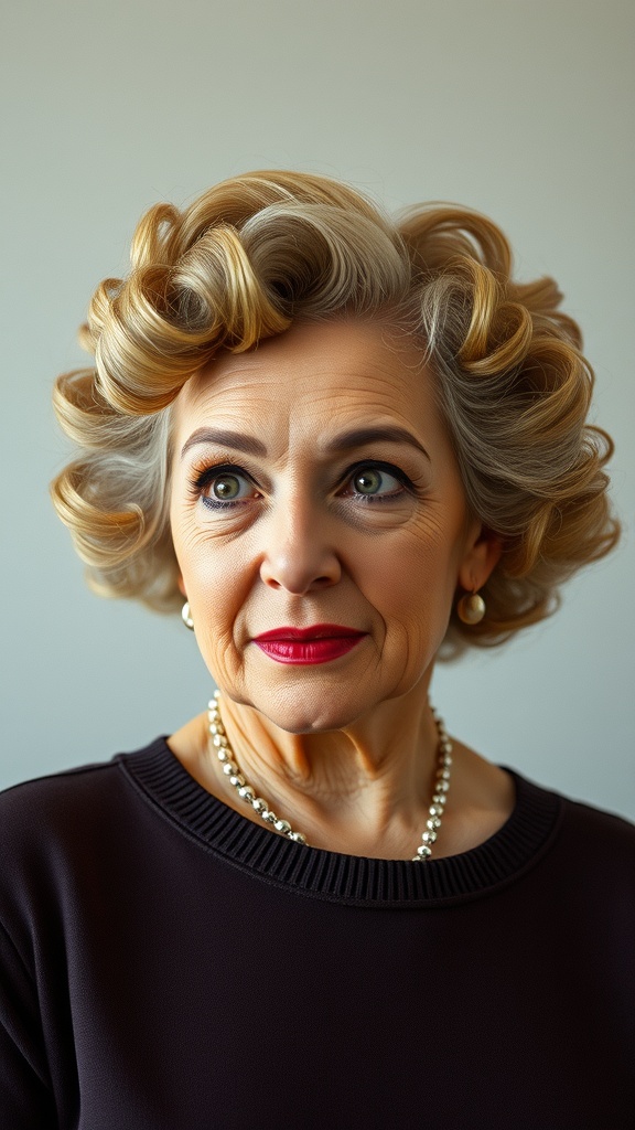 A woman over 60 with vintage curls, wearing pearl jewelry and red lipstick, showcasing a classic hairstyle.