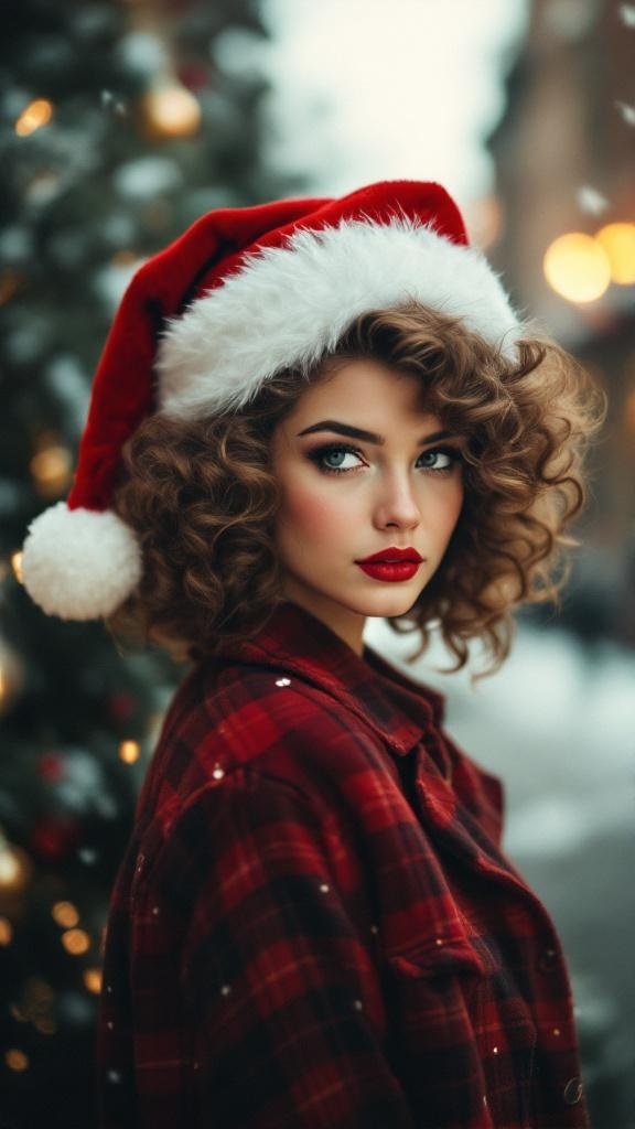 A woman with vintage curls wearing a Santa hat, looking festive and stylish.