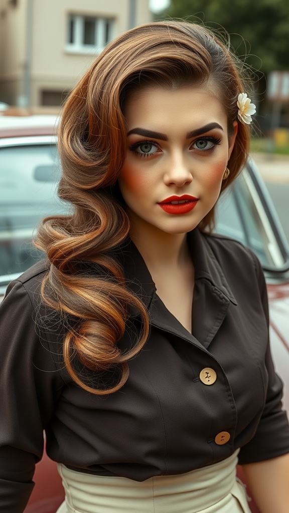 A woman with vintage finger waves hairstyle, wearing a black blouse and red lipstick, with a flower accessory in her hair.