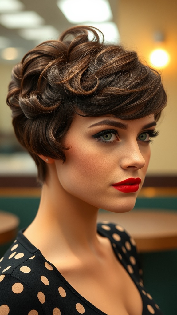A woman with vintage finger waves hairstyle, showcasing elegant S-shaped curls framing her face.