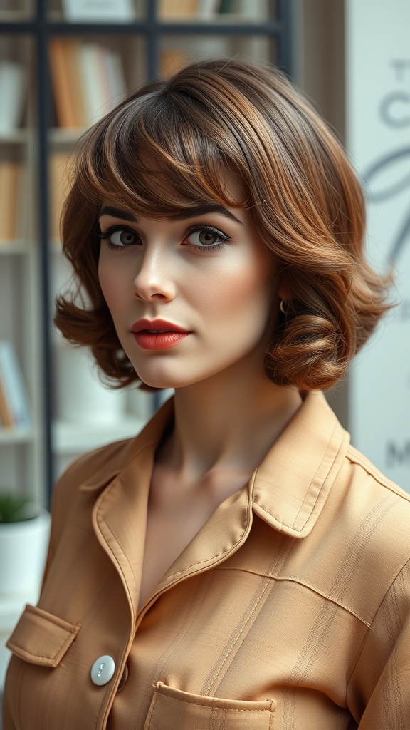 A woman with vintage finger waves hairstyle, showcasing soft curls and elegant waves.