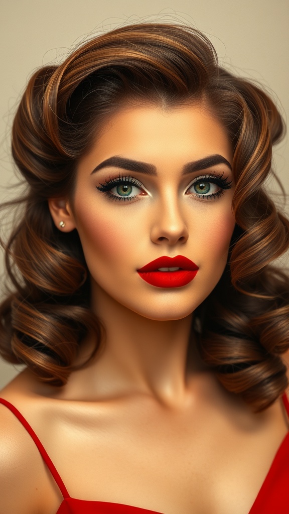 A model with vintage Hollywood glam hairstyle featuring bouncy curls and bold red lips.