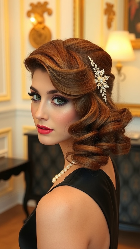 A woman with vintage Hollywood glam hairstyle featuring soft waves and a sparkling hair accessory.