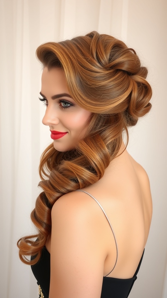 A woman with vintage Hollywood waves hairstyle, featuring smooth curls and a bold red lip, showcasing elegance and glamour.