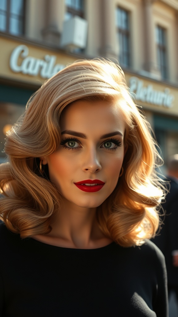 A model with vintage Hollywood waves hairstyle, featuring soft curls and bold red lips, set against a stylish background.