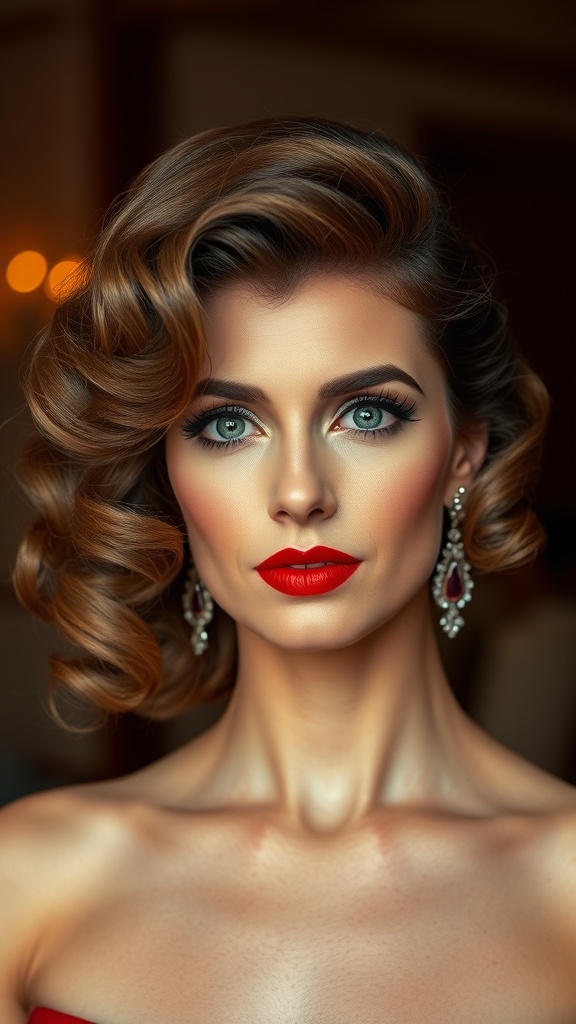 A woman with vintage Hollywood waves hairstyle, featuring soft curls and bold red lipstick, exuding glamour.