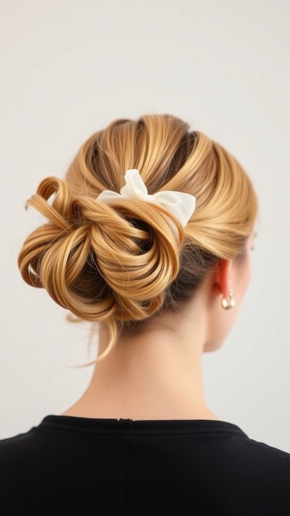 A vintage inspired bun hairstyle with soft curls and a white bow.