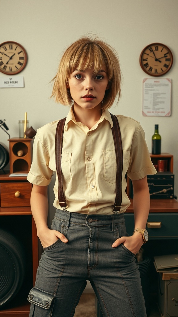 A person with a short shaggy hairstyle, wearing a button-up shirt and suspenders, standing in a vintage-inspired room.