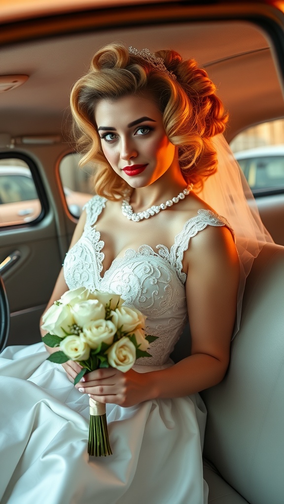 Bride with vintage pin-up curls holding a bouquet in a classic car