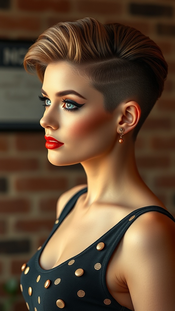 A model with a vintage pin-up hairstyle featuring a side shave, showcasing bold makeup and a stylish outfit.