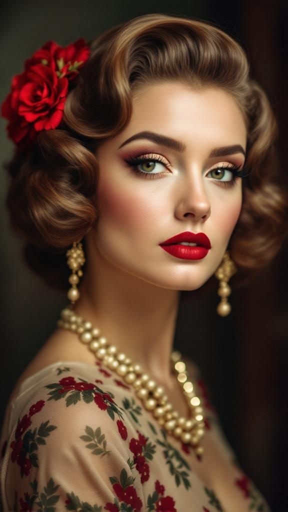 A woman with vintage tucked waves hairstyle, wearing red lipstick and pearl jewelry, with a red flower in her hair.