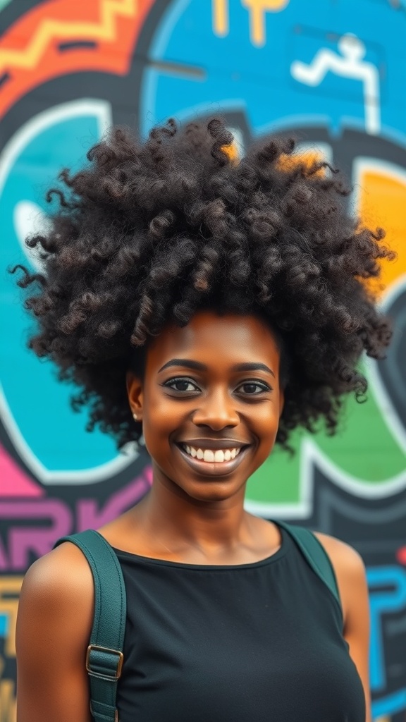 A person with a voluminous curly afro hairstyle, smiling in front of a colorful graffiti background.