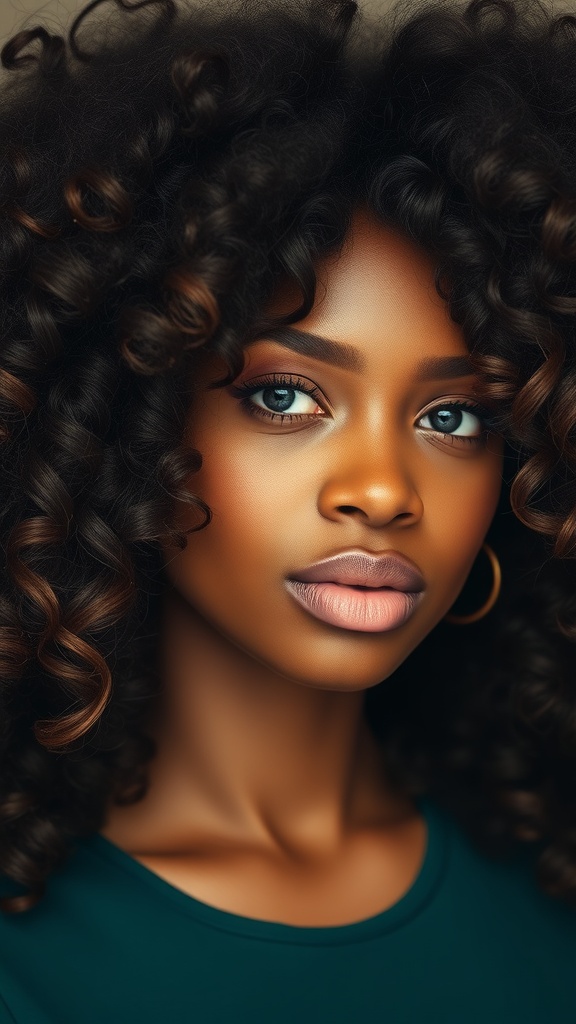 A woman with voluminous layered curls, showcasing natural hair texture.