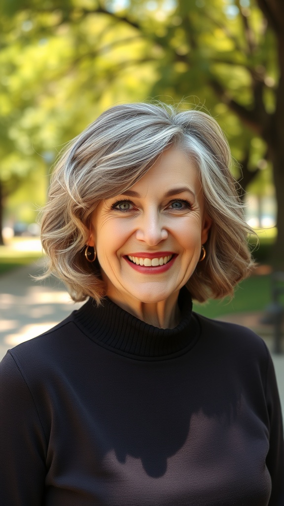 A woman over 50 with a wavy bob hairstyle, smiling outdoors.
