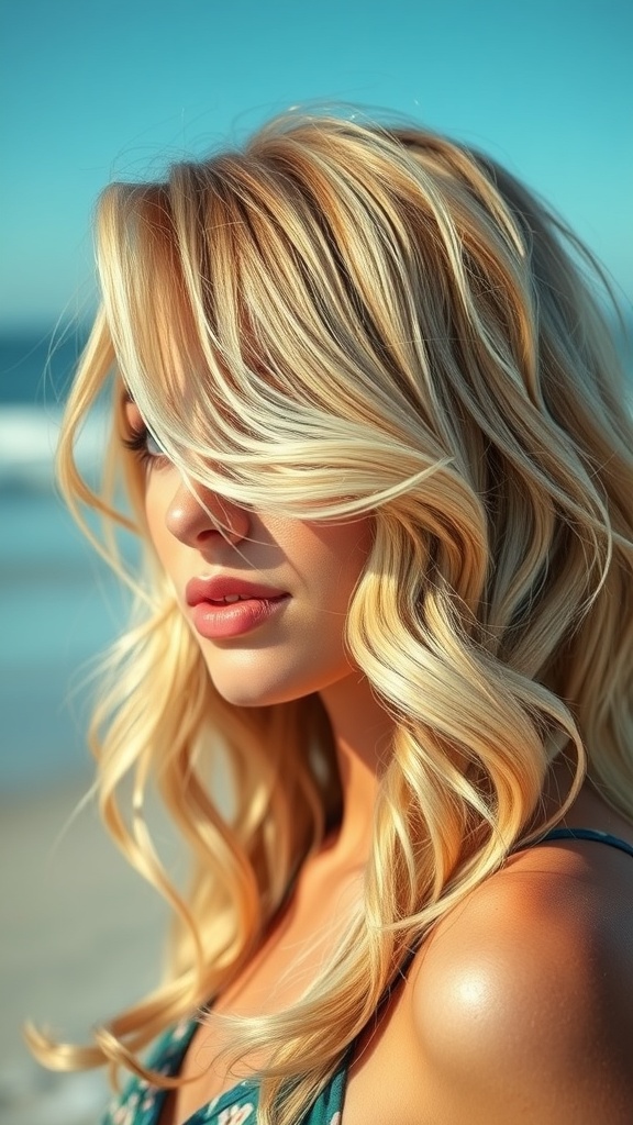 A woman with long wavy hair styled in a butterfly cut, featuring highlights, standing by the beach.