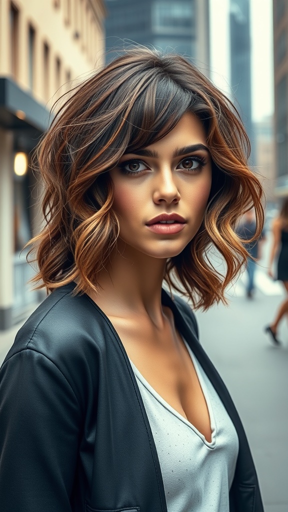A woman with wavy layered hair styled in a center part, standing in an urban setting.
