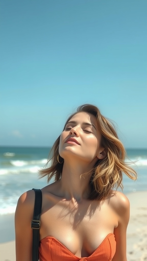 A woman with a wavy lob hairstyle enjoying the beach.