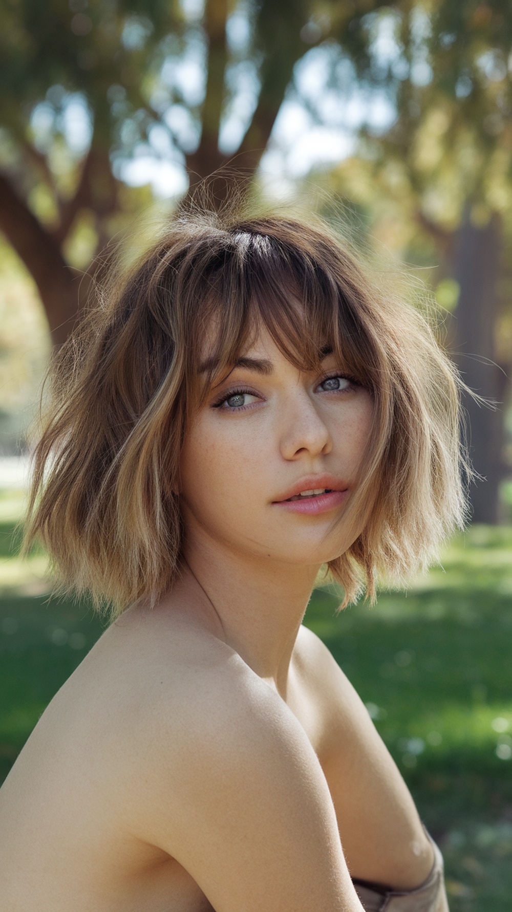 A woman with a wavy shaggy bob hairstyle and bangs, sitting outdoors in a park.
