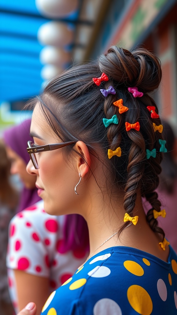 A woman with braided hair decorated with colorful bow clips, wearing a blue polka dot top.