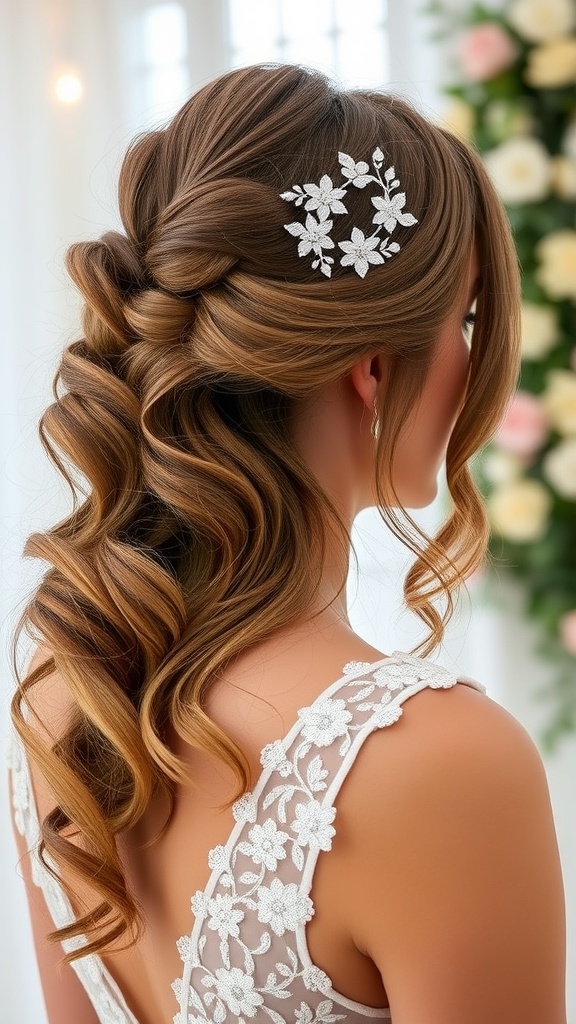 A woman with loose waves and a floral hairpiece, showcasing a whimsical hairstyle for a wedding.