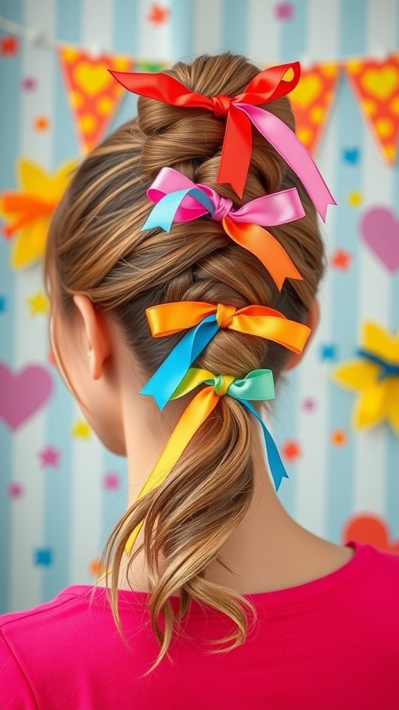 A whimsical twisted ponytail adorned with colorful ribbons, showcasing a playful and vibrant hairstyle.