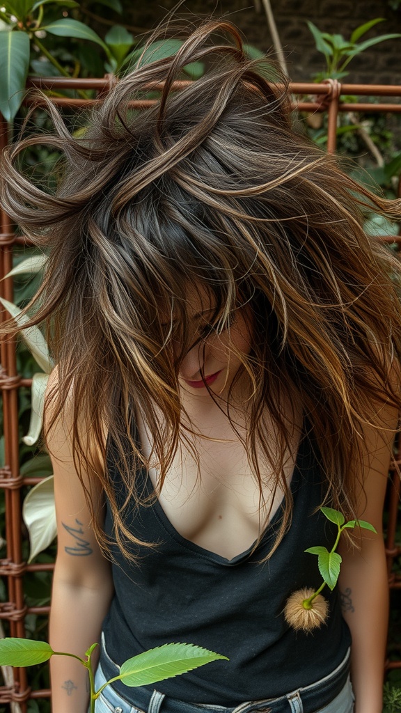 A person with tousled hair and a casual outfit, surrounded by greenery, embodying a wild and free hairstyle.