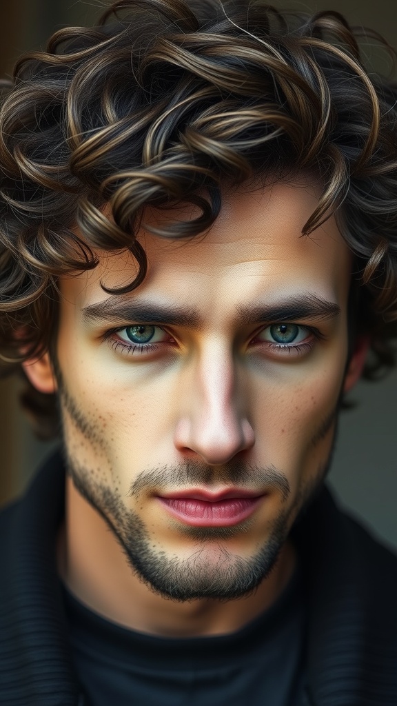 A man with curly hair styled in a wolf cut, showcasing defined curls and layered texture.