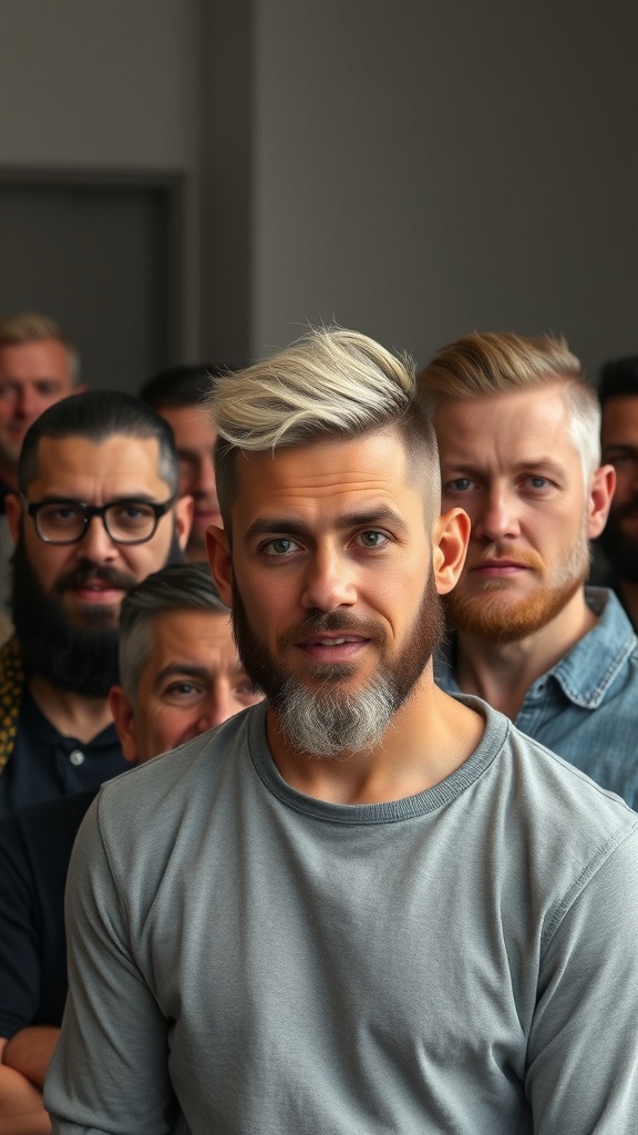 A group of men showcasing different styles of the wolf cut hairstyle.