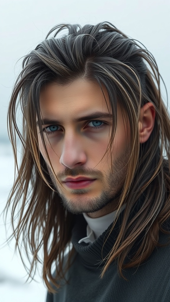 A young man with long, layered hair styled in a wolf cut, showcasing a relaxed and edgy look.