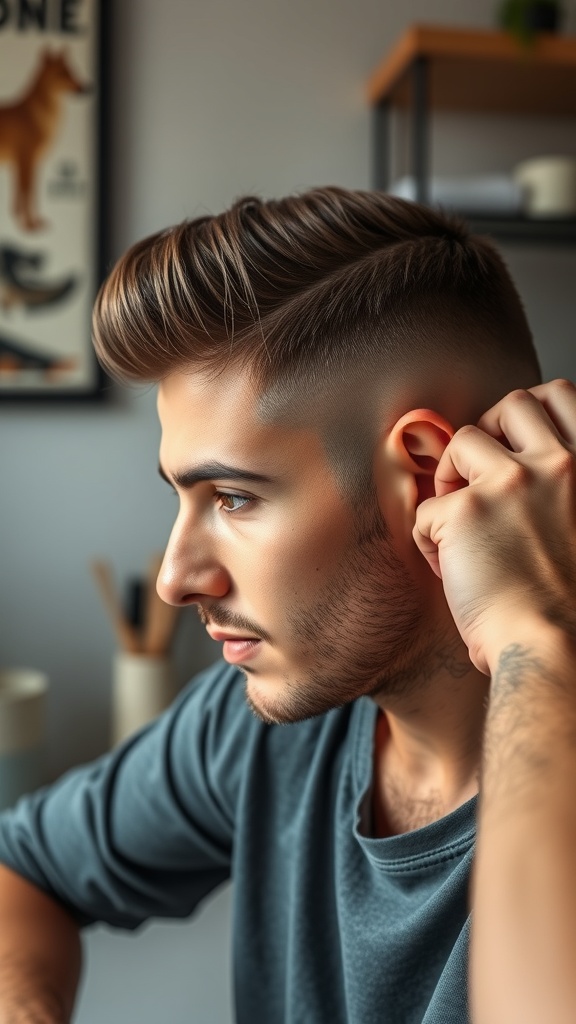 A young man with a stylish wolf cut hairstyle, showing a side profile with a neat fade and voluminous top.