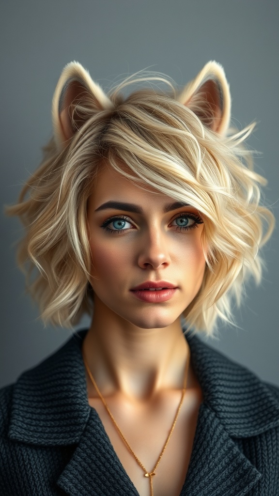 A stylish woman with a wolf cut and curtain bangs, showcasing a trendy hairstyle.