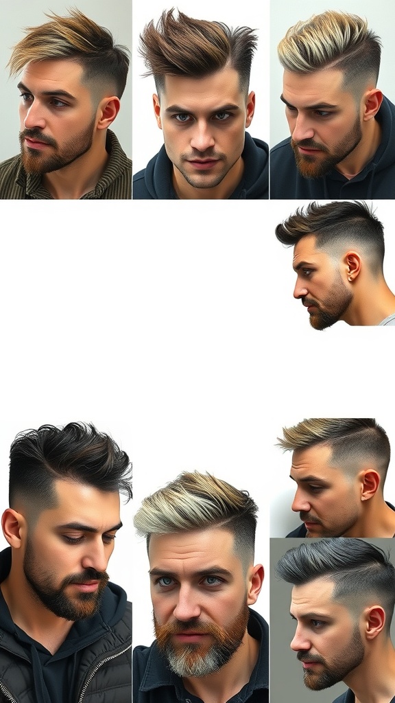 A collage of men showcasing various wolf cut hairstyles, highlighting different styles and hair types.