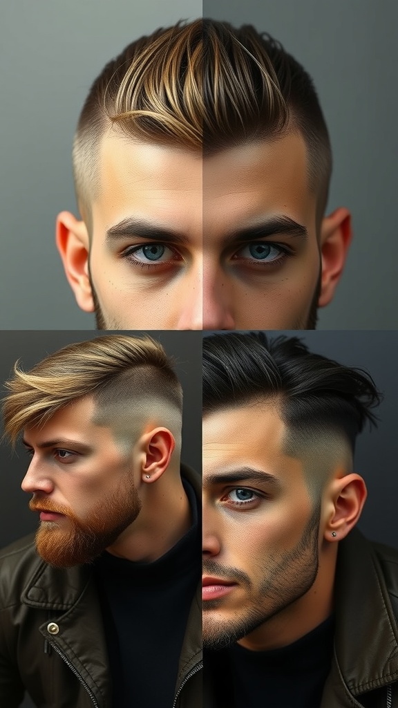 A collage showcasing different variations of the wolf cut hairstyle on men.