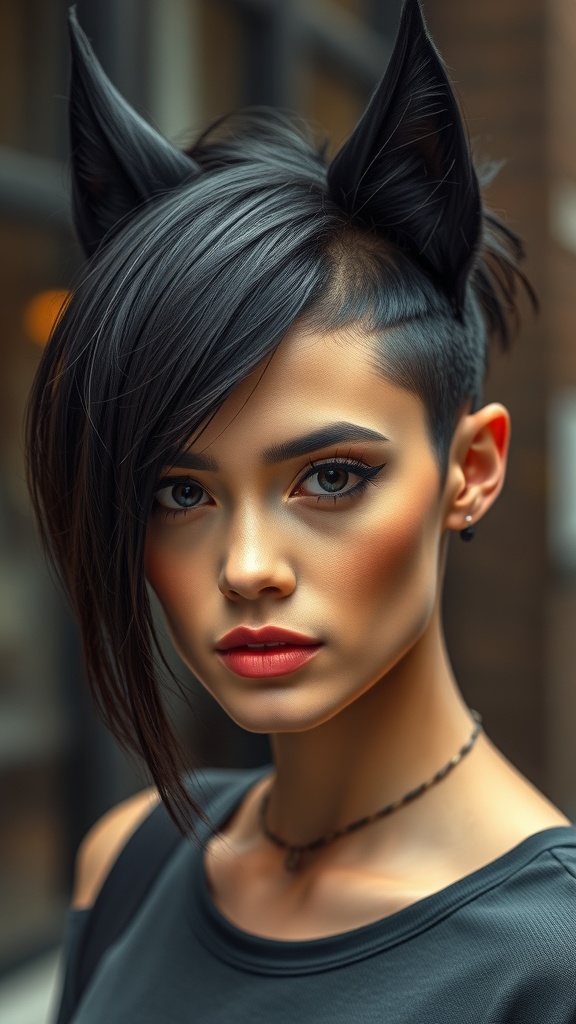 A young person with a wolf cut hairstyle featuring bold bangs, standing in an urban setting.