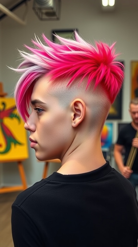 A person with a wolf cut hairstyle featuring bold pink and white color block.