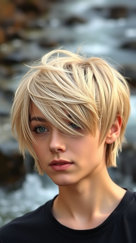 A person with a wolf cut hairstyle featuring feathered layers, showcasing a light blonde color and a soft, textured look.