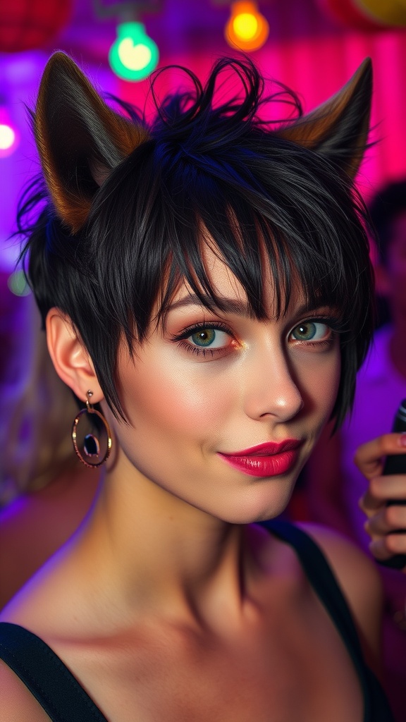 A person with a wolf cut hairstyle featuring playful textures, styled in a vibrant setting.