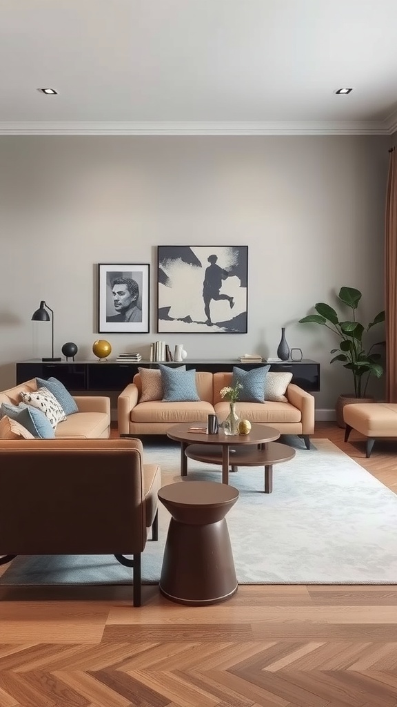 A stylish living room featuring accent furniture pieces like a side table and lamp.