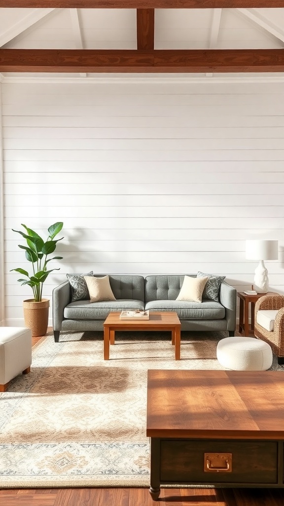 A cozy living room featuring shiplap accent walls, a gray sofa, and wooden furniture.