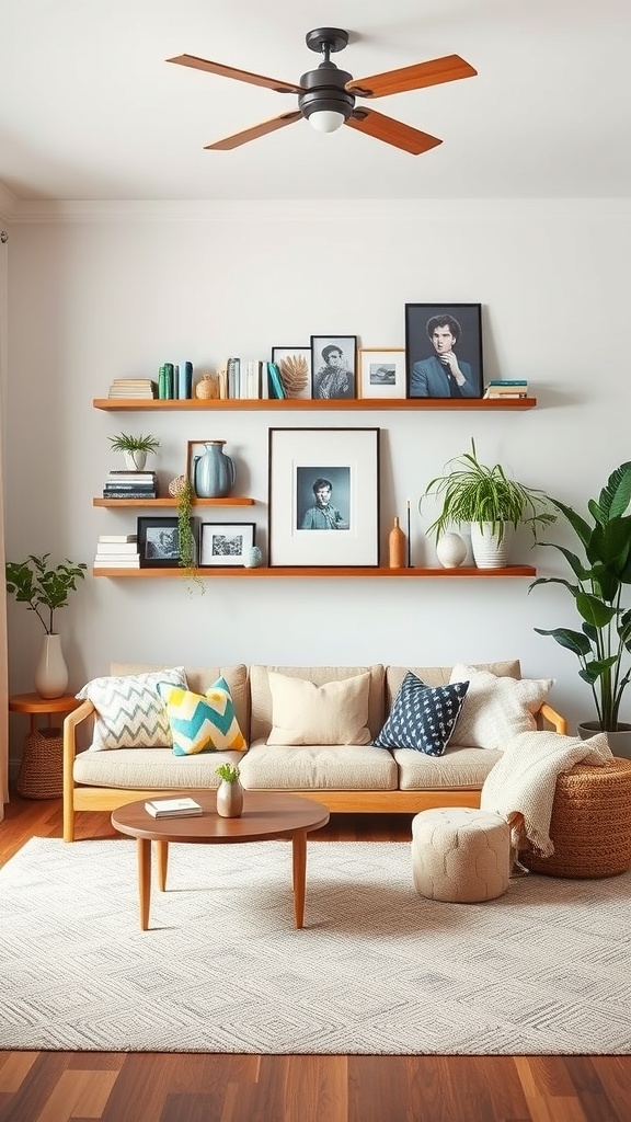 A cozy living room featuring a light-colored sofa, decorative pillows, a wooden coffee table, and wall shelves with plants and framed photos.