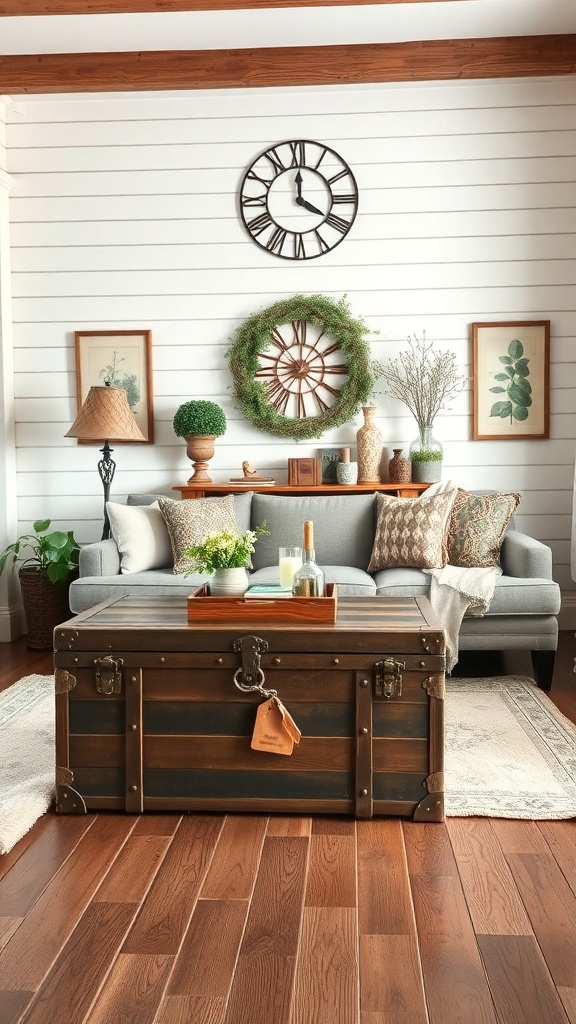 Cozy farmhouse living room featuring a vintage trunk coffee table, a grey sofa, and antique decor.